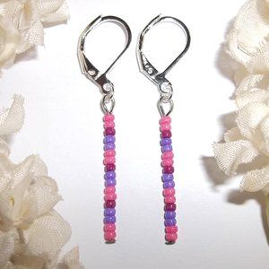 Linear Seed Bead Earrings Minimalist Sleek Pink Purple Wine Dainty Delicate A722